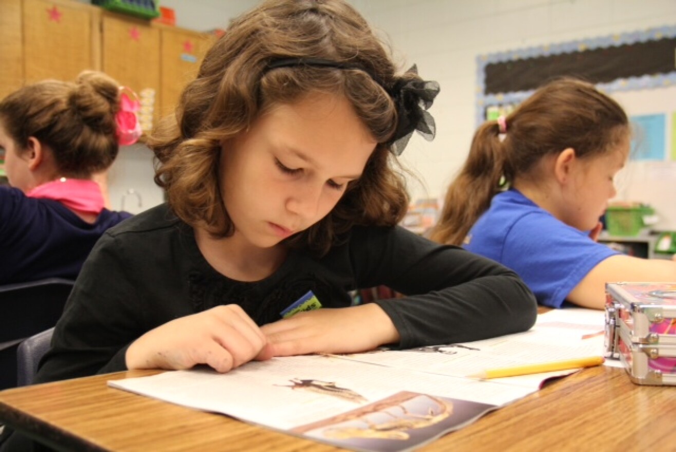 A student in Casi Adkinson’s third grade class reads a non-fiction passage.
Adkinson said that although the emphasis this year is on evidence-based writing, she still
encourages students to add creativity to their writing.